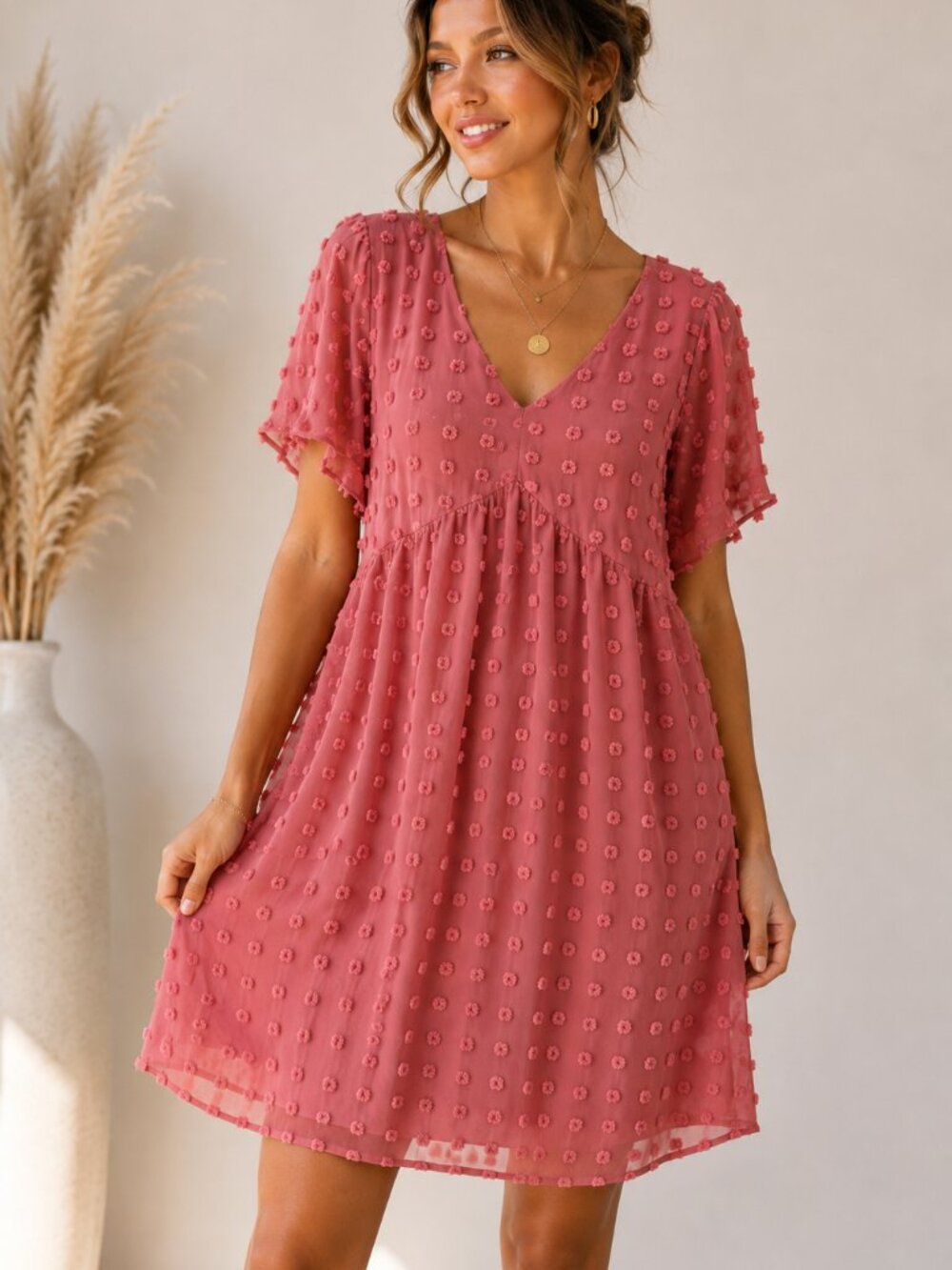KIRUNDO Womens S Dusty Rose Swiss Dot Babydoll Dress Boho Romantic Cottagecore